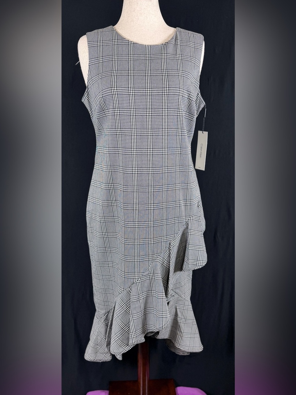 Calvin Klein Dress Black & White Plaid Midi asymm Ruffle Hem Classic Old Money